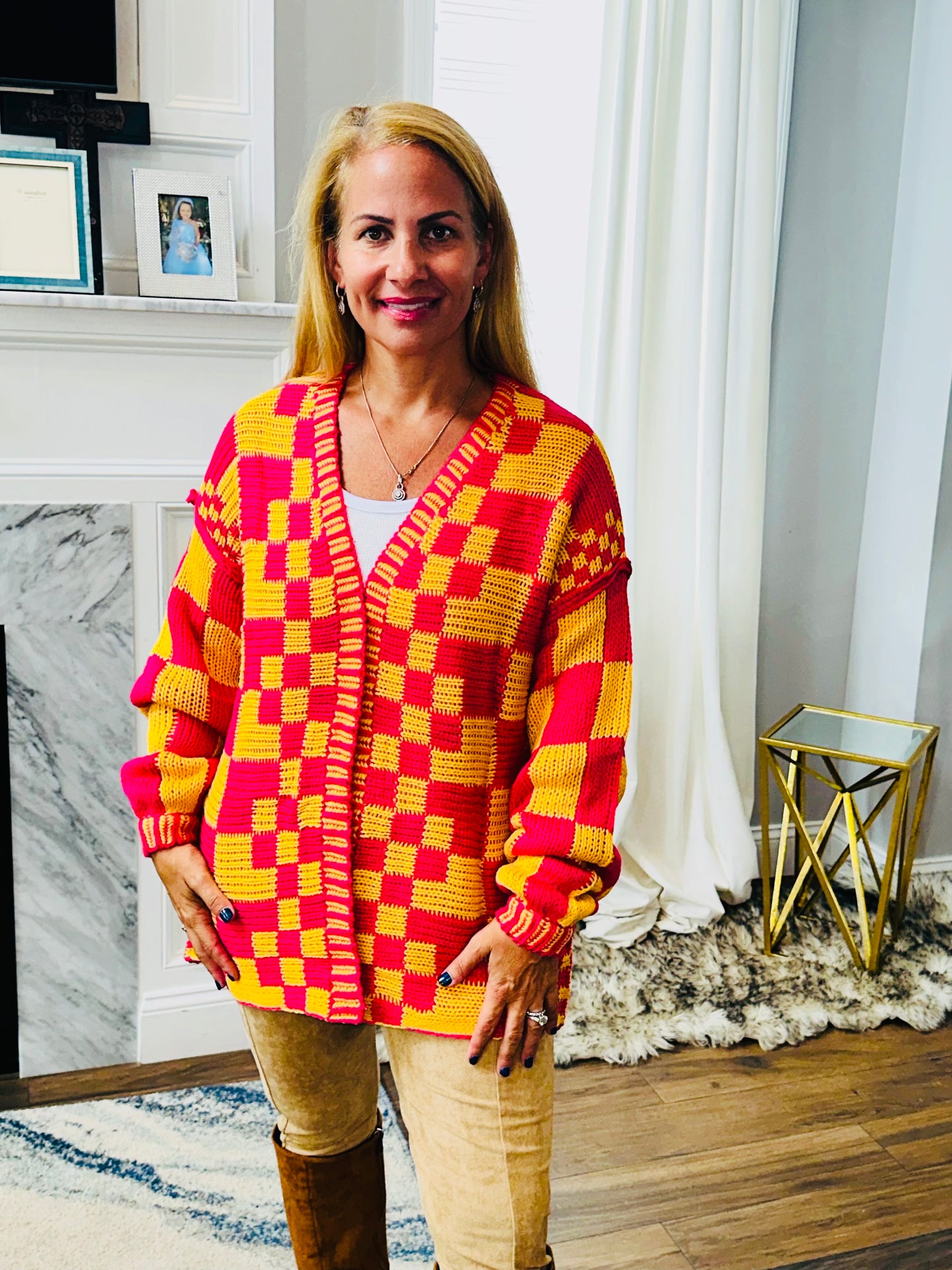 Checkered pattern knit cardigan sweater