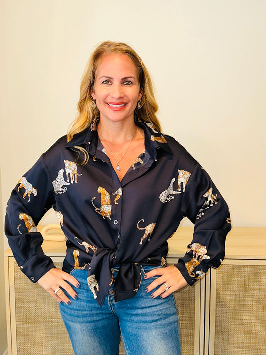 Cheetah print button down satin shirt