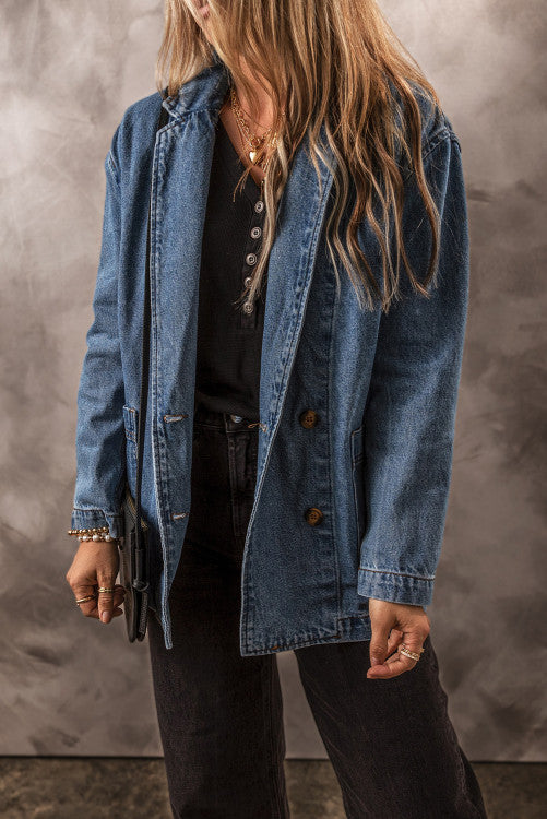 Side Pockets Blazer Collar Denim Jacket