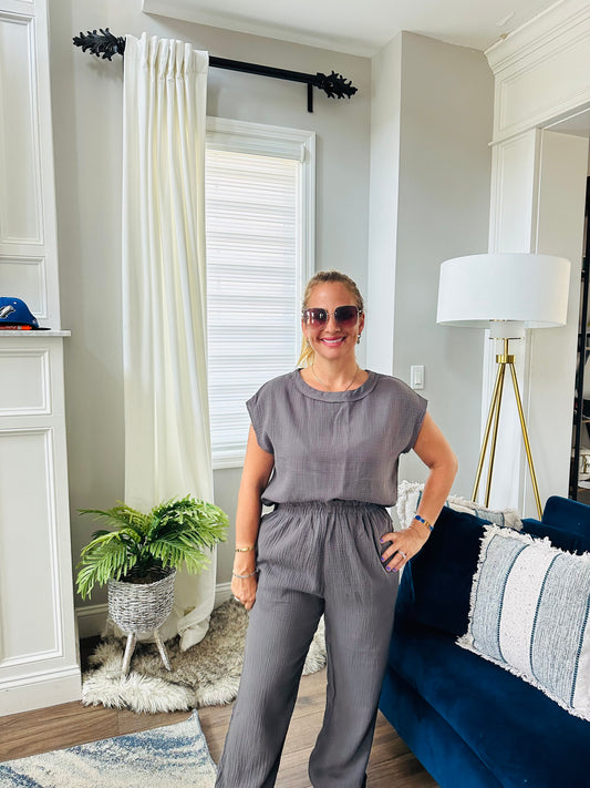 Gray crinkled texture two piece jogger set