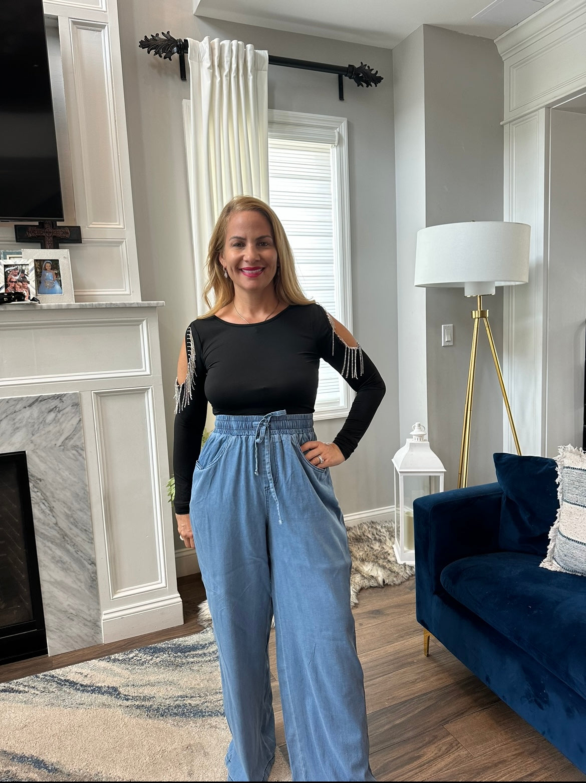 Cold shoulder bodysuit with rhinestone fringe