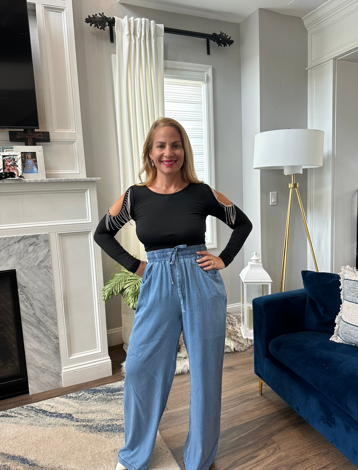 Cold shoulder bodysuit with rhinestone fringe