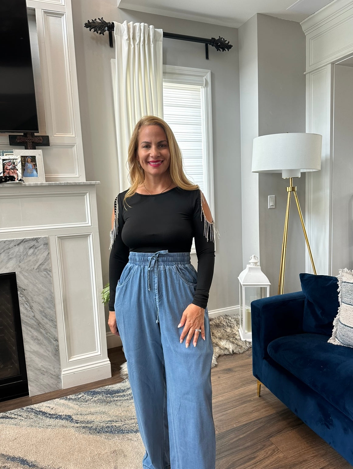 Cold shoulder bodysuit with rhinestone fringe