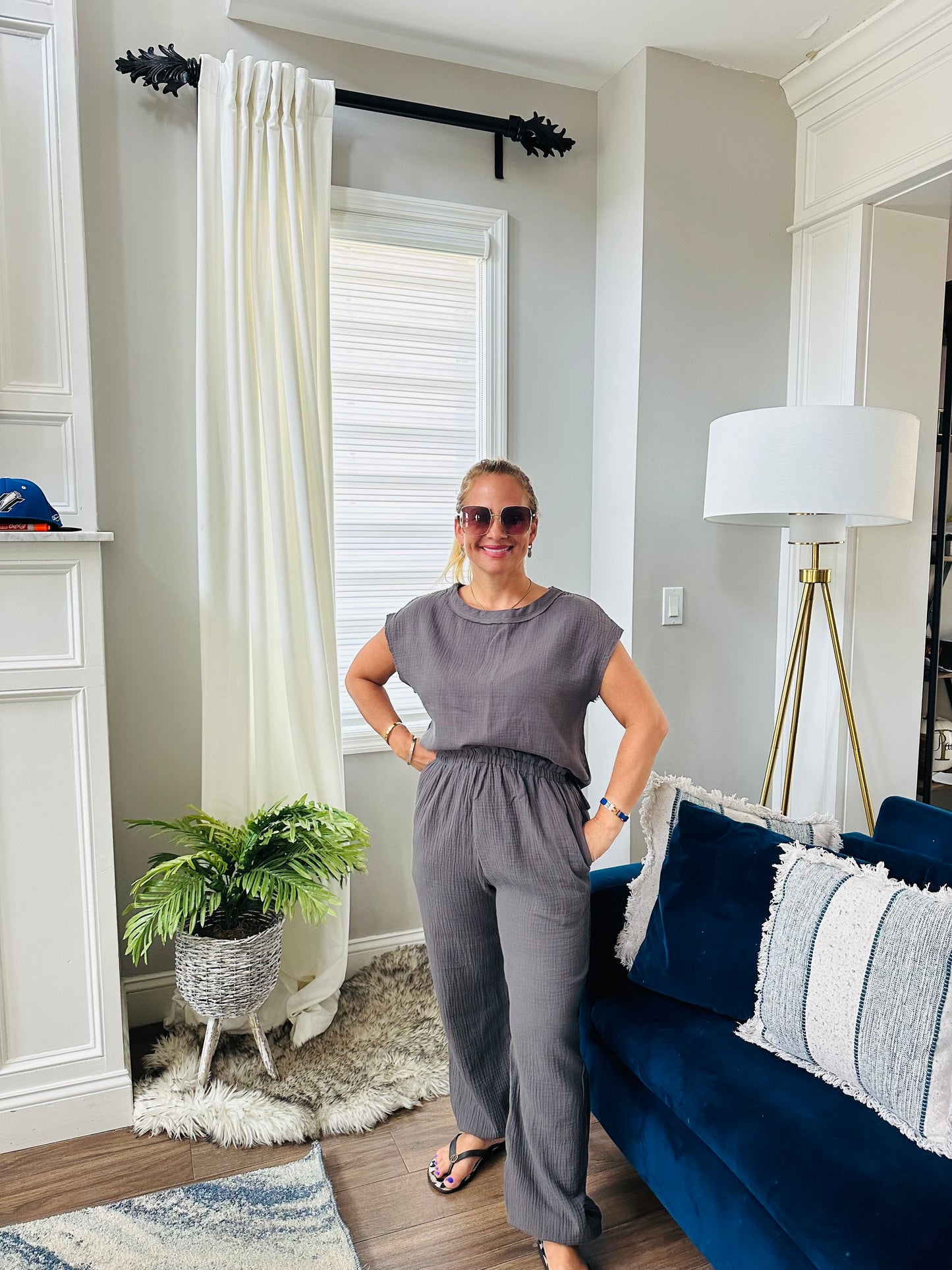 Gray crinkled texture two piece jogger set
