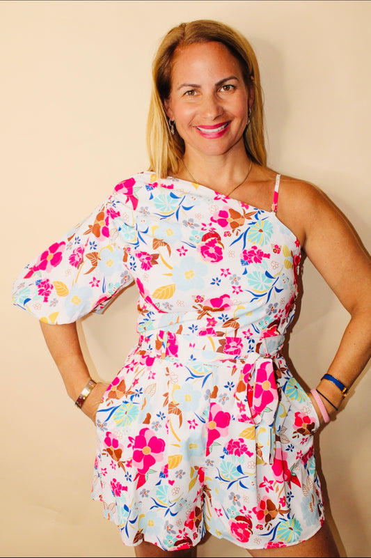 Floral Bubble Sleeve one Shoulder Romper