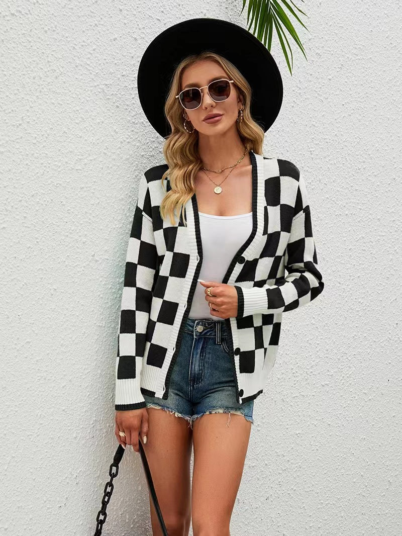 Checkered cardigan sweater