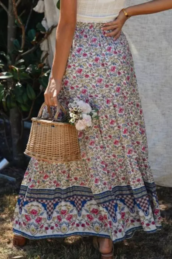 Boho Floral Print Maxi Skirt