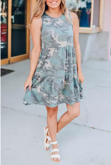 Camo Print Ruffled Sleeveless Short Dress