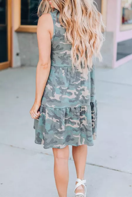 Camo Print Ruffled Sleeveless Short Dress