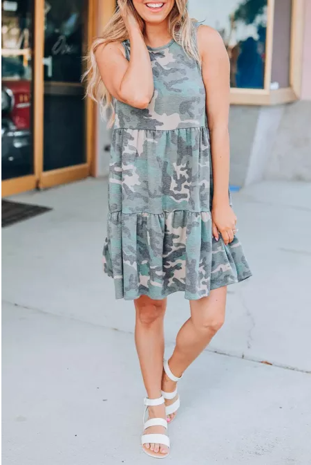 Camo Print Ruffled Sleeveless Short Dress