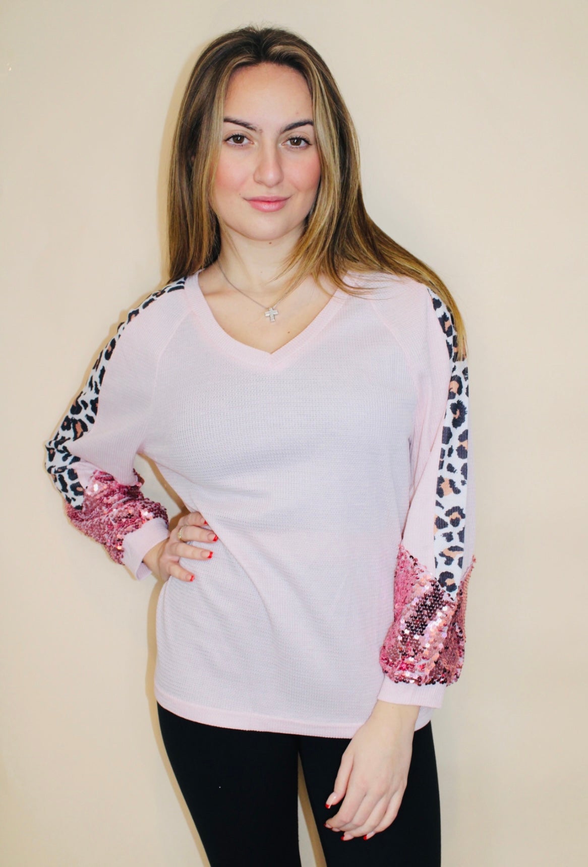 Pink Waffle Sequin Top
