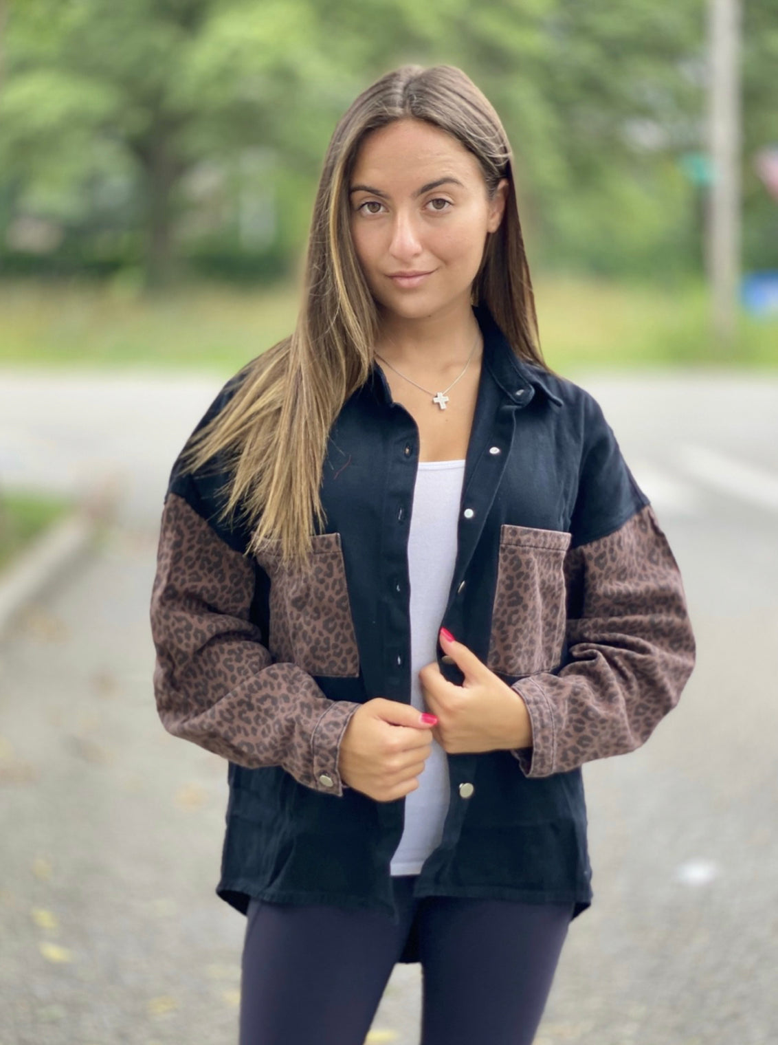 Black leopard denim jacket