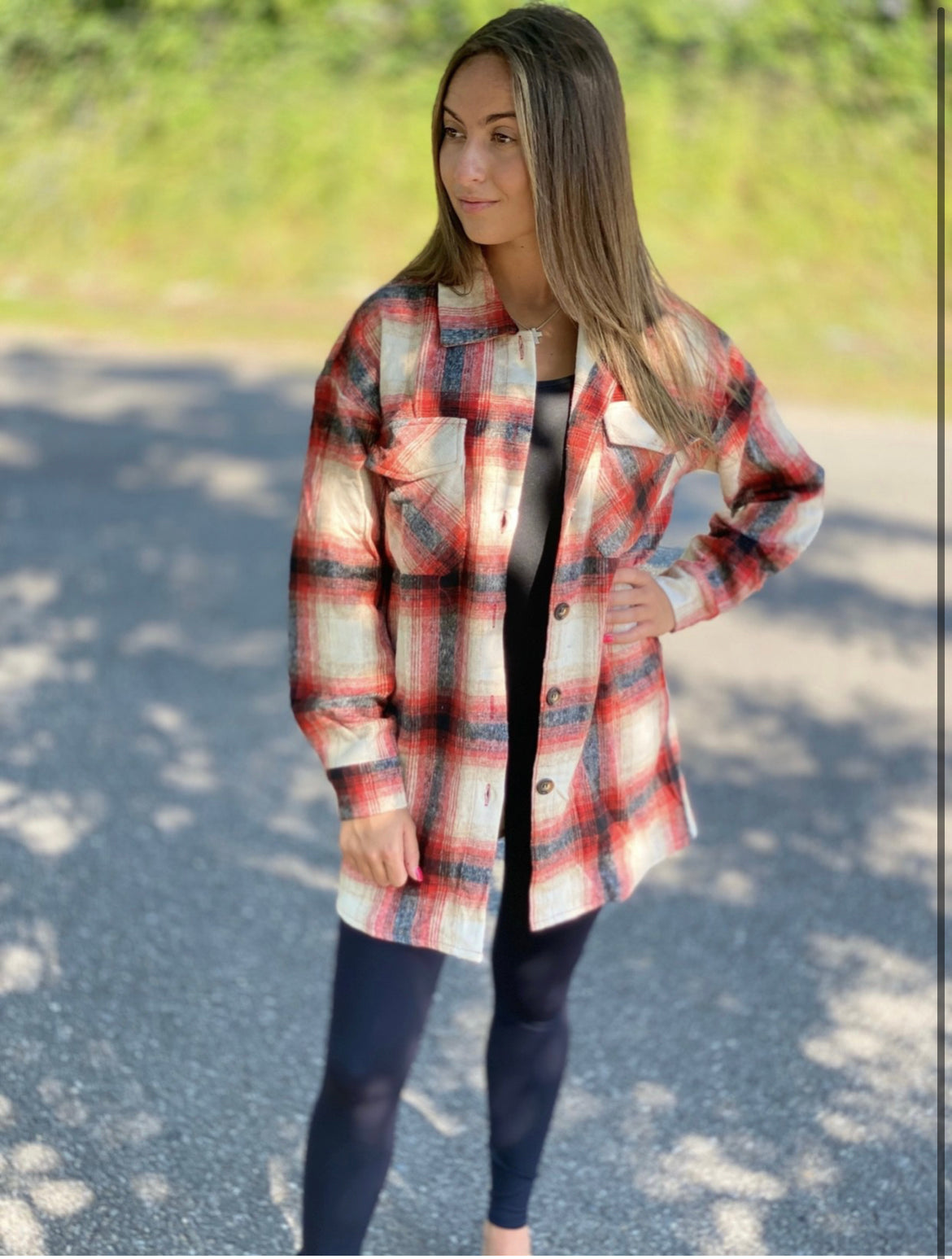 Red button down plaid heavy pull over shacket