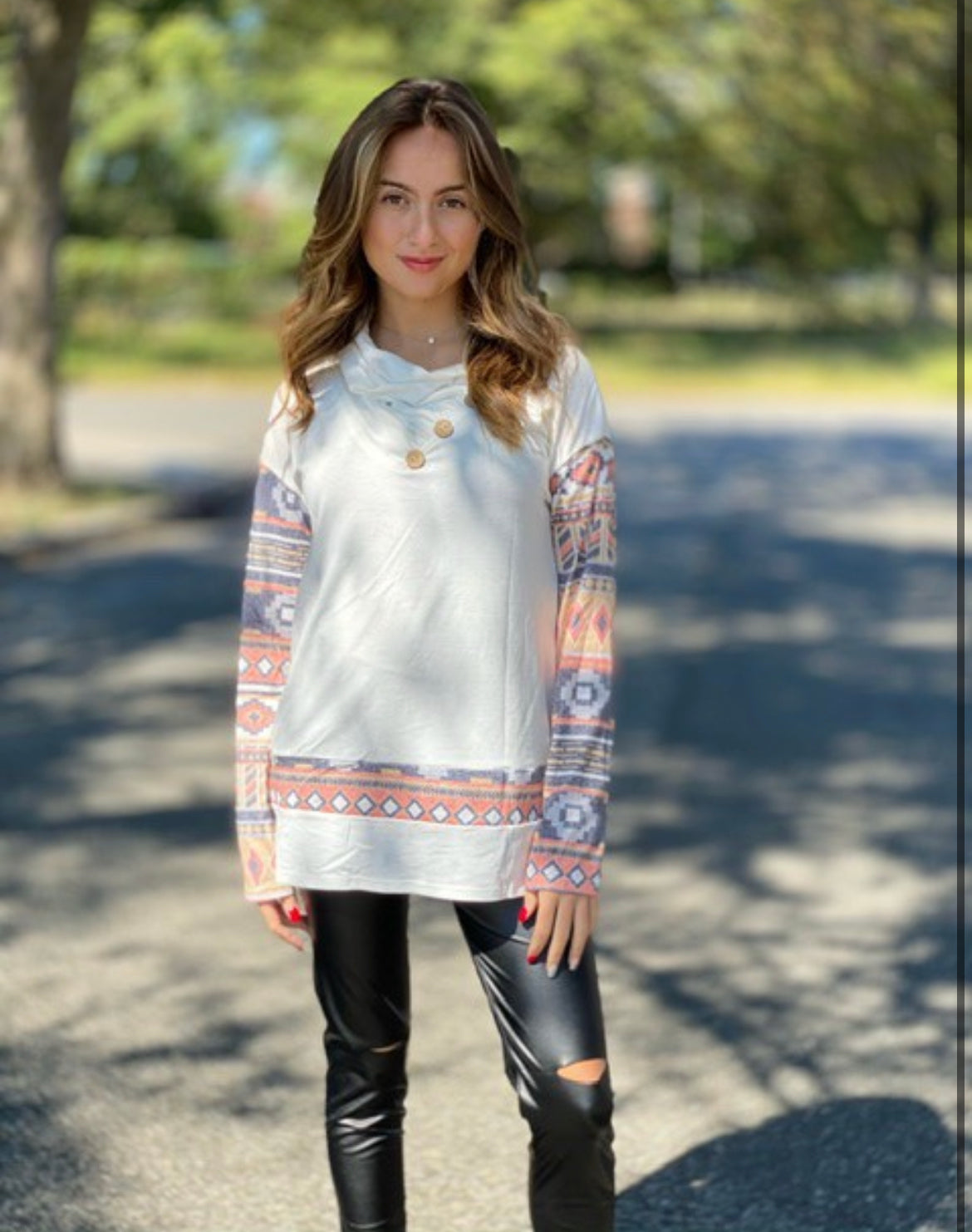 Aztec 3 button long sleeve top
