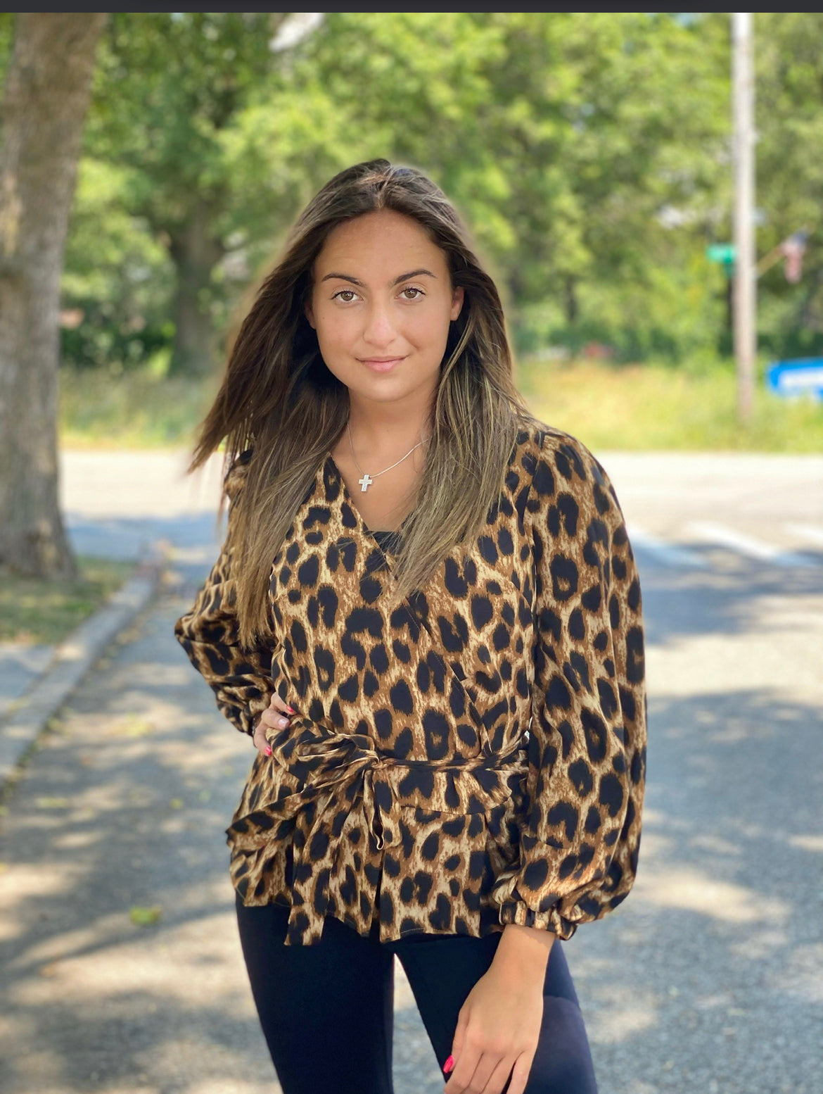 Leopard Ruffled Wrap V-Neck Blouse with Belt