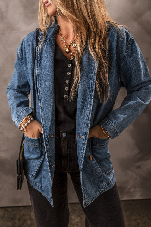 Side Pockets Blazer Collar Denim Jacket