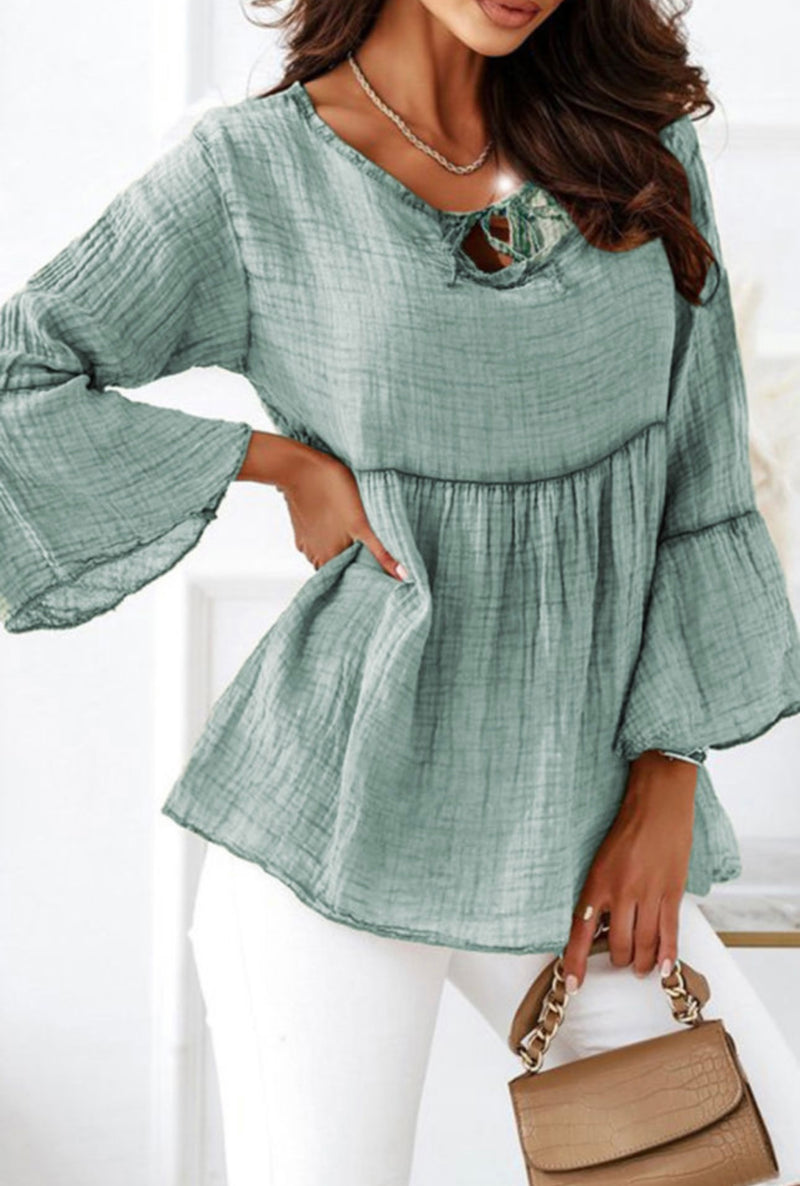 Green Crinkle bell sleeve blouse