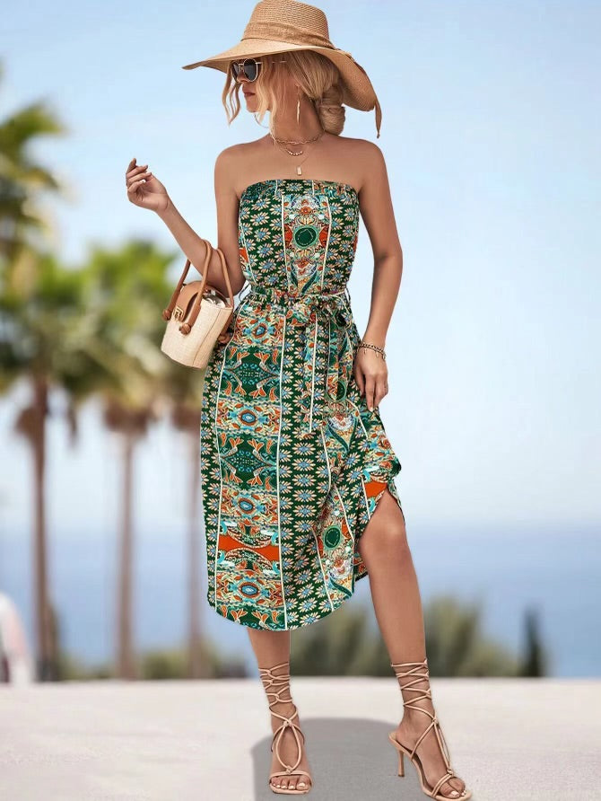Strapless Printed Dress with Tie Belt