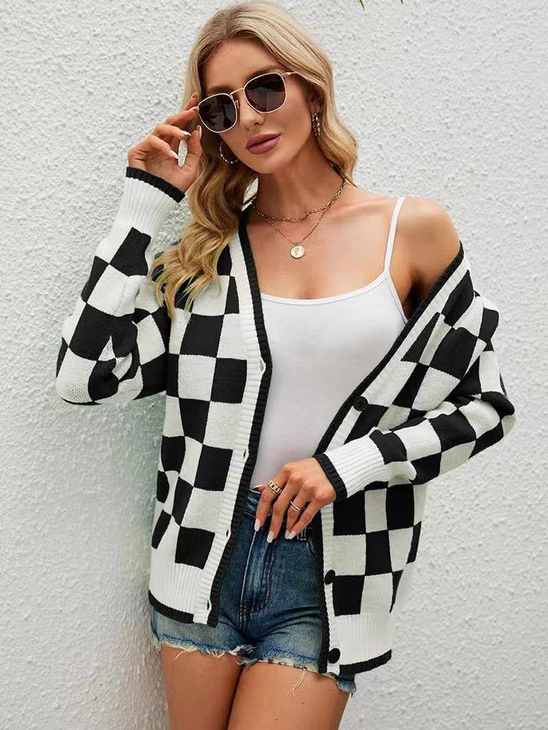 Checkered cardigan sweater