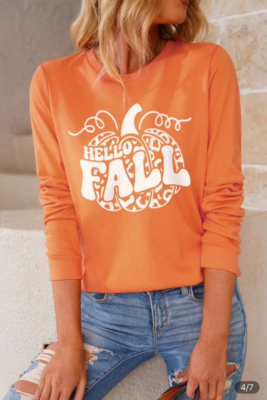 Orange Hello Fall Pumpkin Graphic Long Sleeve