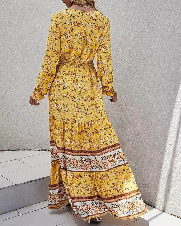 Yellow BoHo floral print dress