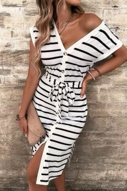 Black & white striped button down dress