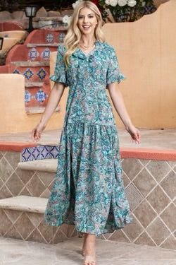 Paisley print boho ruffle tiered maxi dress