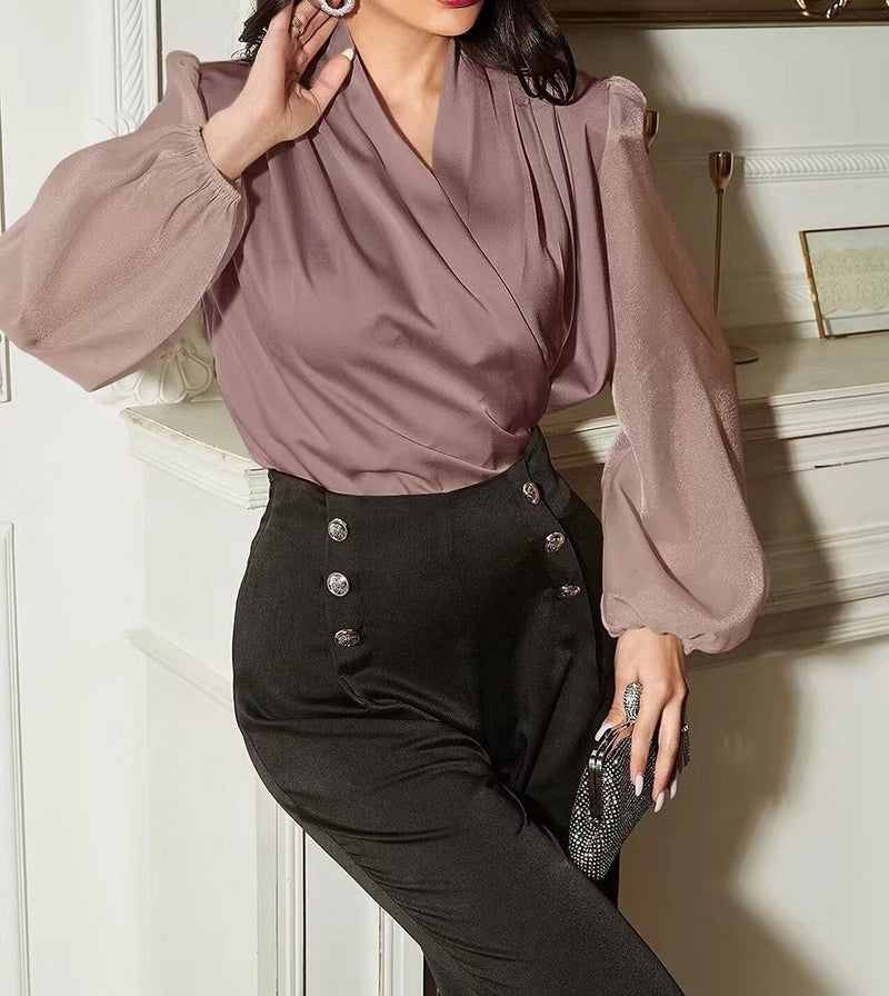 Satin feel blouse with sheer long sleeves