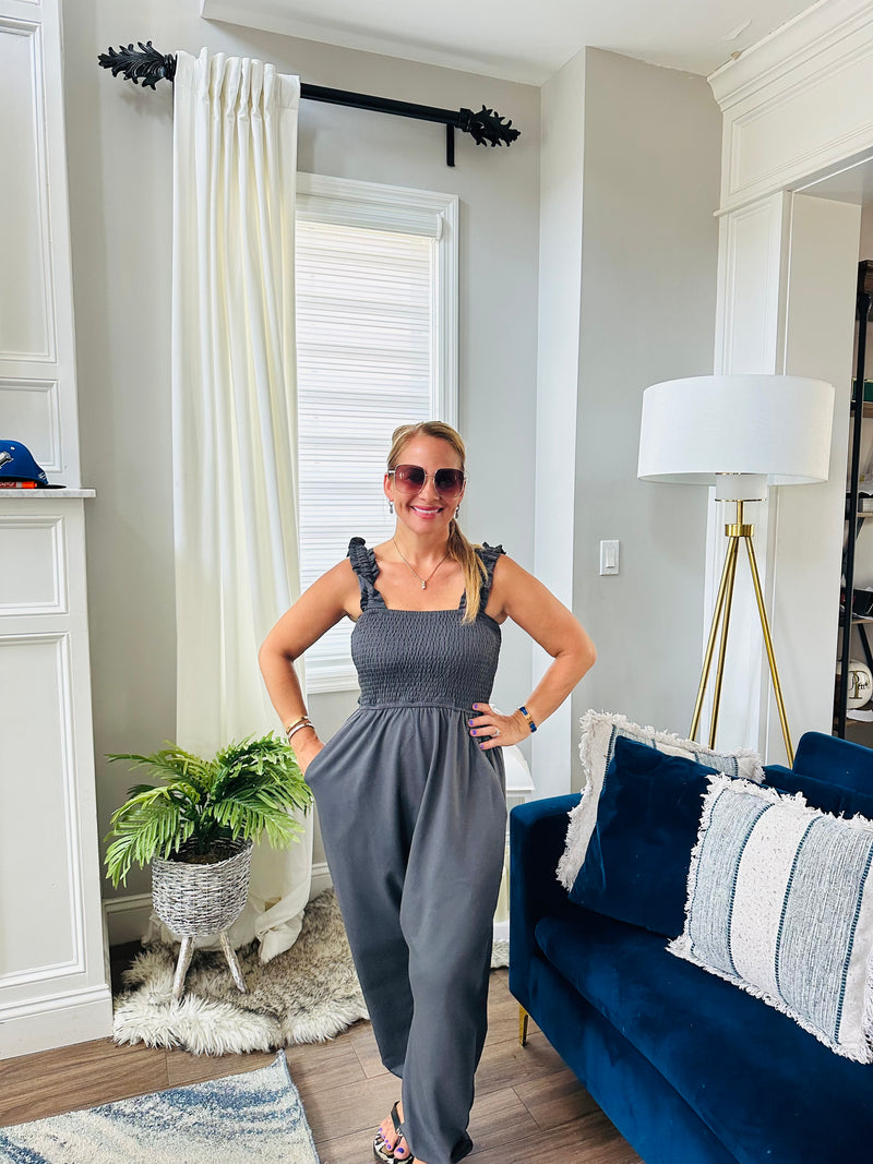 Gray high waist jumpsuit with smocked ruffled straps