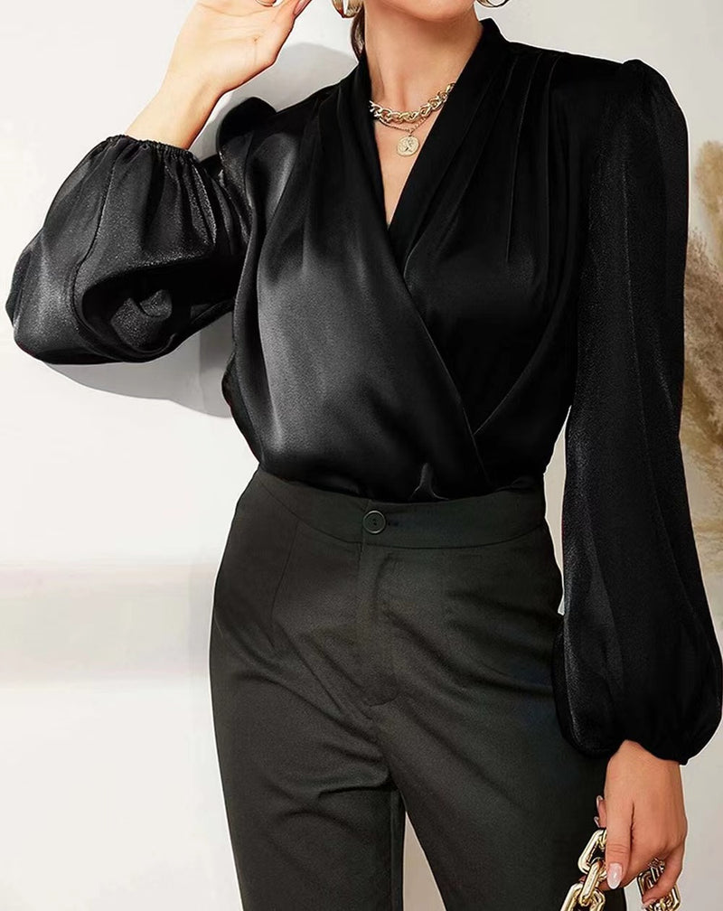 Satin feel blouse with sheer long sleeves