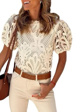 Crochet lace puff sleeve blouse