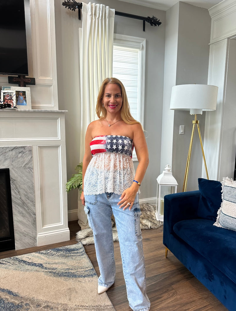 Strapless lace American flag top