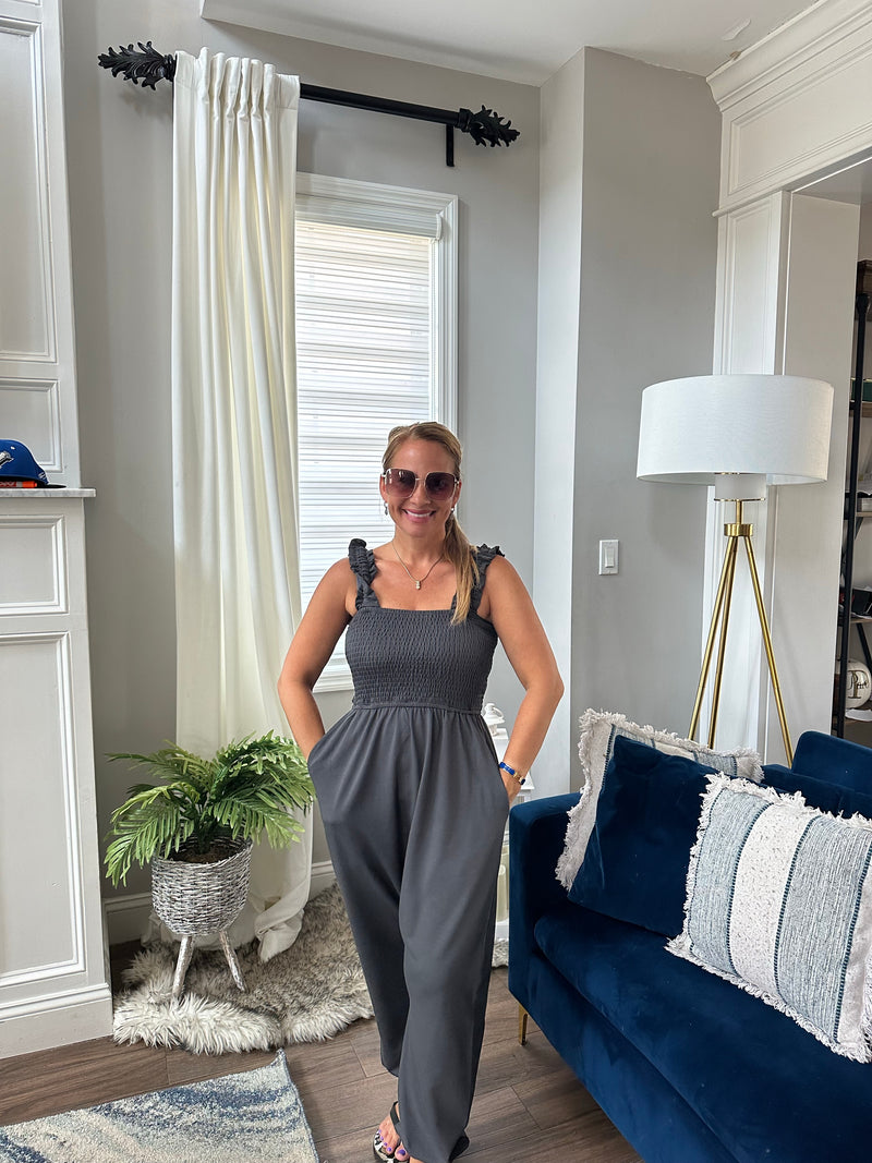 Gray high waist jumpsuit with smocked ruffled straps
