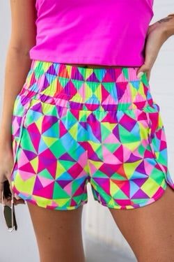 Multicolor geometric high waisted athletic shorts