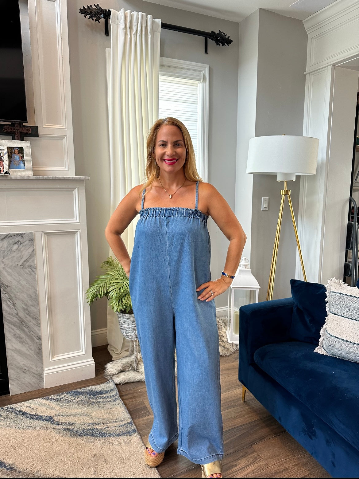 Wide leg denim jumpsuit with spaghetti straps