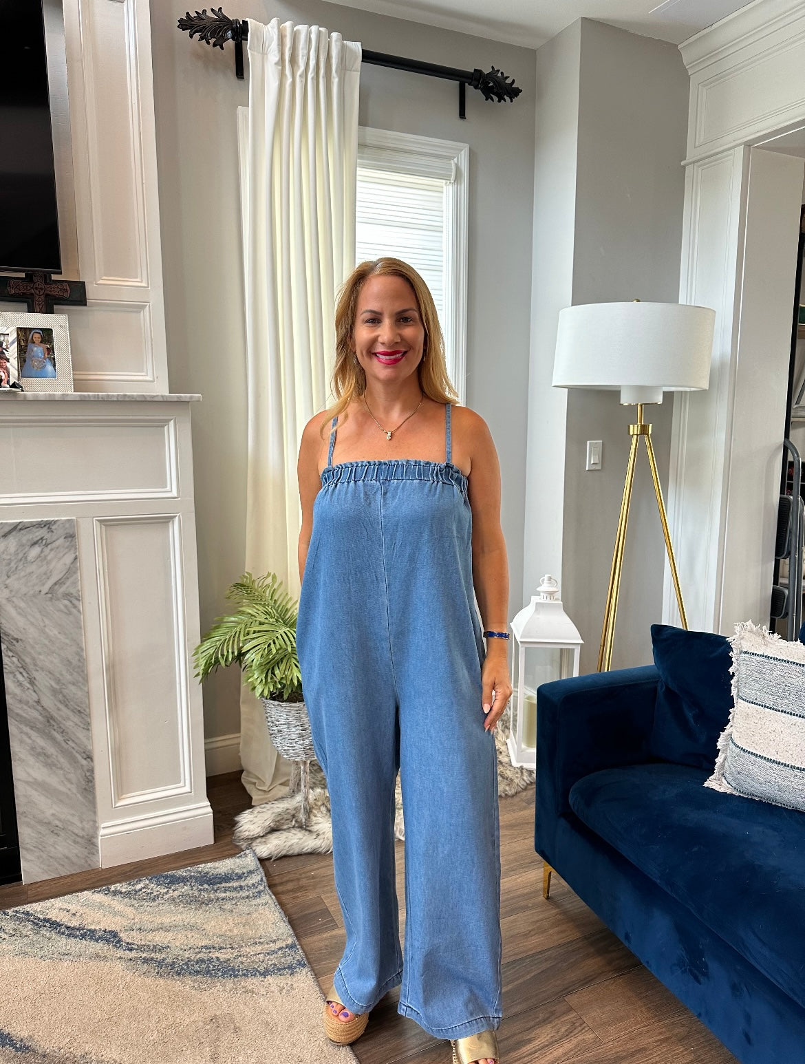 Wide leg denim jumpsuit with spaghetti straps