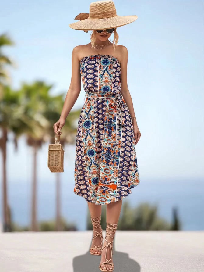 Strapless Printed Dress with Tie Belt