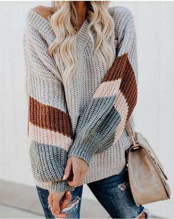 V Neck Striped Puff Sleeve Pullover Sweater
