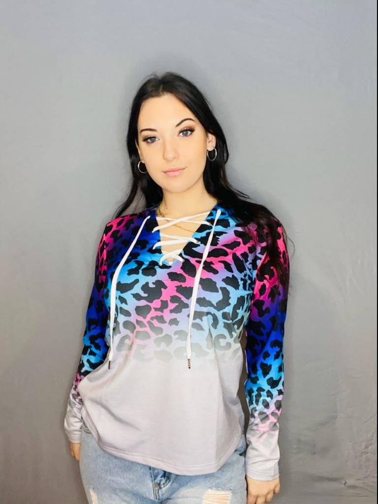 Leopard multicolor lace up hoodie