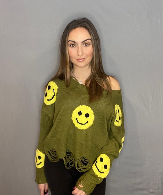 Distressed Smiley Face Sweater