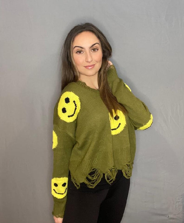 Distressed Smiley Face Sweater