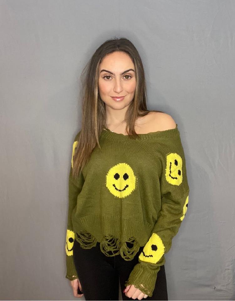 Distressed Smiley Face Sweater