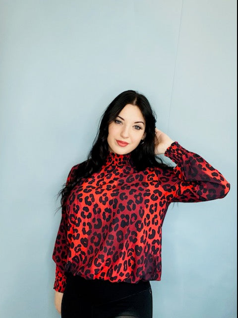 Red Leopard hi neck blouse