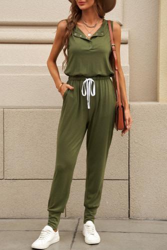 Half button down jumpsuit with drawstring