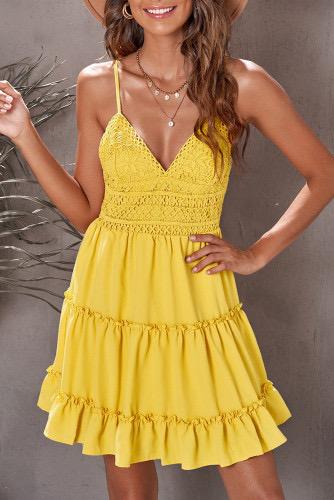 Yellow vneck ruffle lace dress