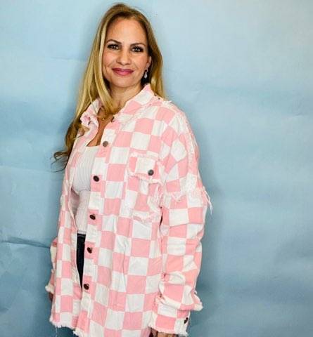 Checkered pink and white shacket