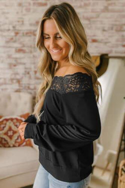 Lace Detail Boatneck Pullover Blouse - 2 Colors