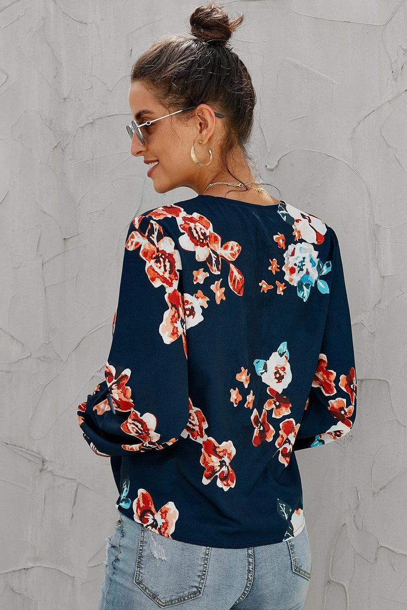 V-Neck Long Sleeve Tie Front Blouse