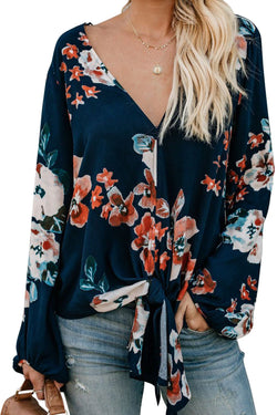 V-Neck Long Sleeve Tie Front Blouse