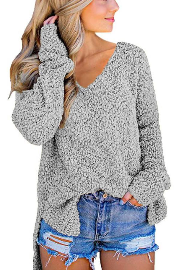 V Neck Popcorn Texture Loose Fit Sweater